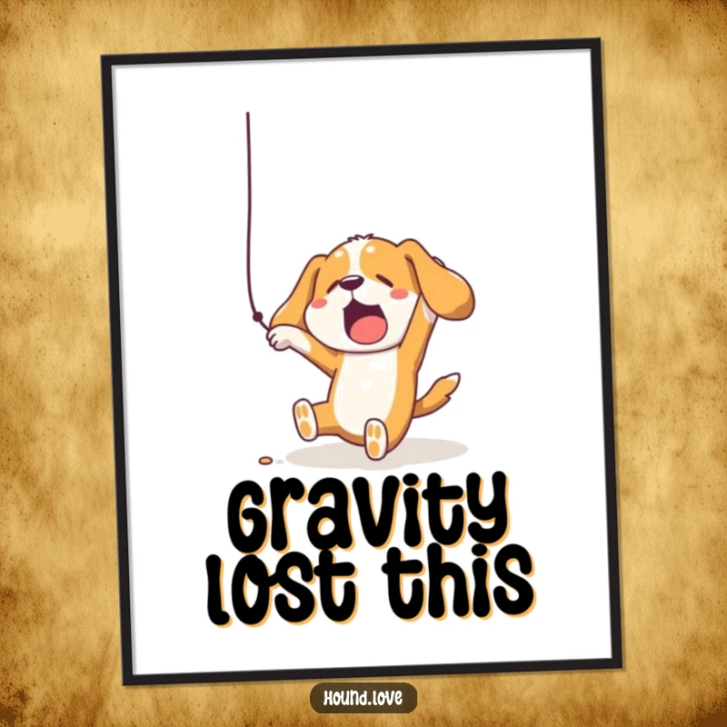 High-resolution digital art print of a funny hound dog comically falling while reaching for a dangling string, ready for instant laughs.