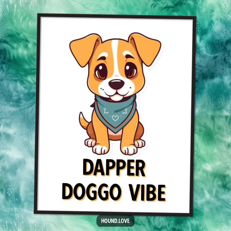 Funny digital art print of a proud hound wearing a jaunty bandana, ready to be printed and displayed.