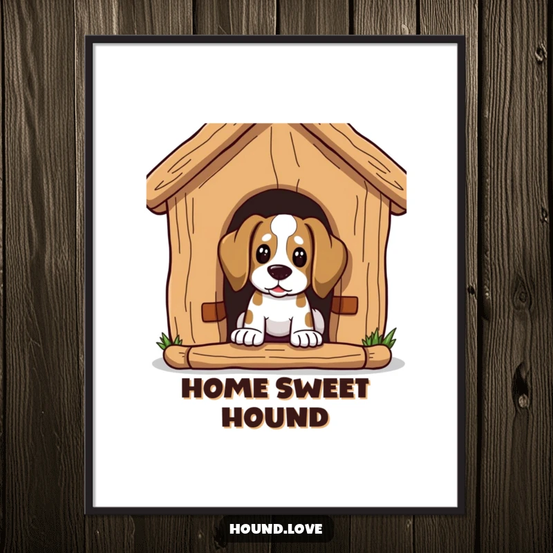 Funny Digital Art Print: Hound character peeks curiously from a gigantic dog house, full of wonder.