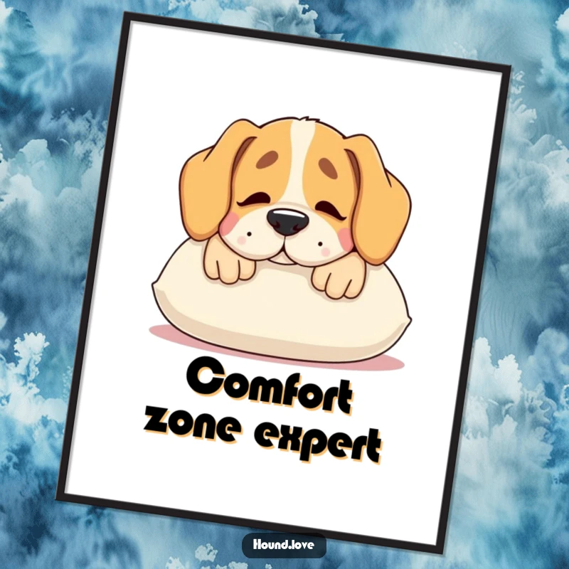 Funny hound digital art print, a contented dog resting its snout on a plush pillow, cozy and humorous.