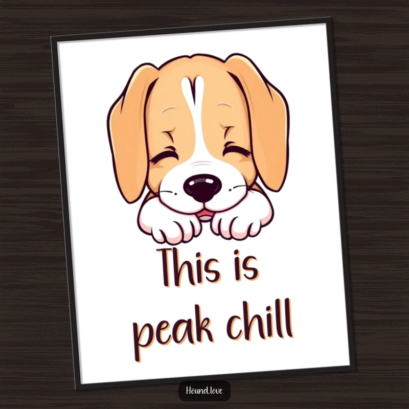 Funny digital art print of a hound dog resting its chin with a contented sigh, evoking peace and gentle humor.