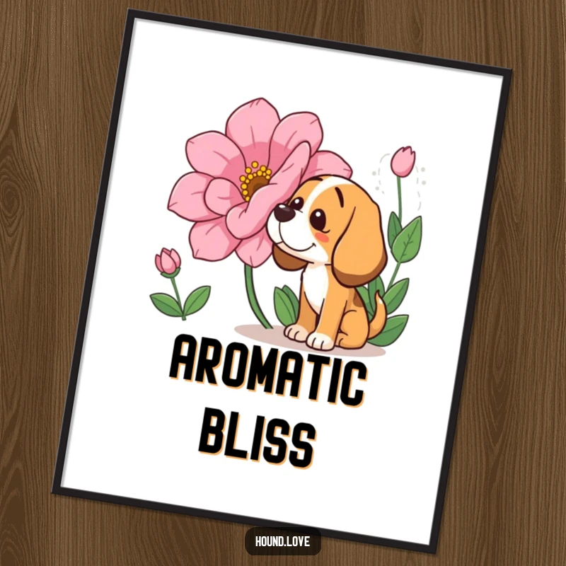 Funny Digital Art Print: A hound with a happy expression sniffing a large, fragrant flower, capturing a moment of serene, funny canine delight.