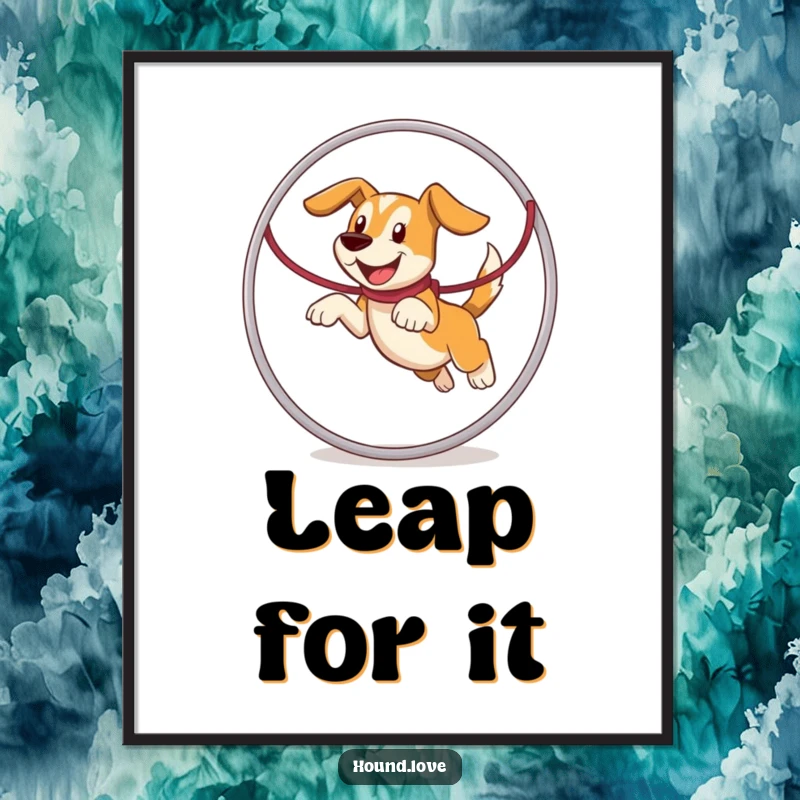 Funny hound character captured mid-leap through a leash hoop, conveying pure joy and humor in this digital art print.