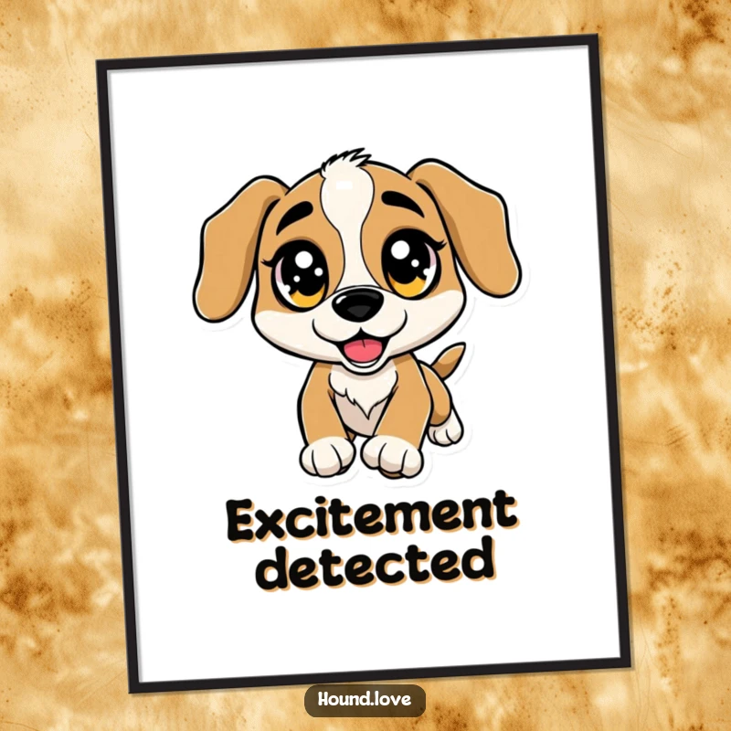 Funny Digital Art: A hound dog with huge, sparkling eyes leaps excitedly towards a scent, ready to print.