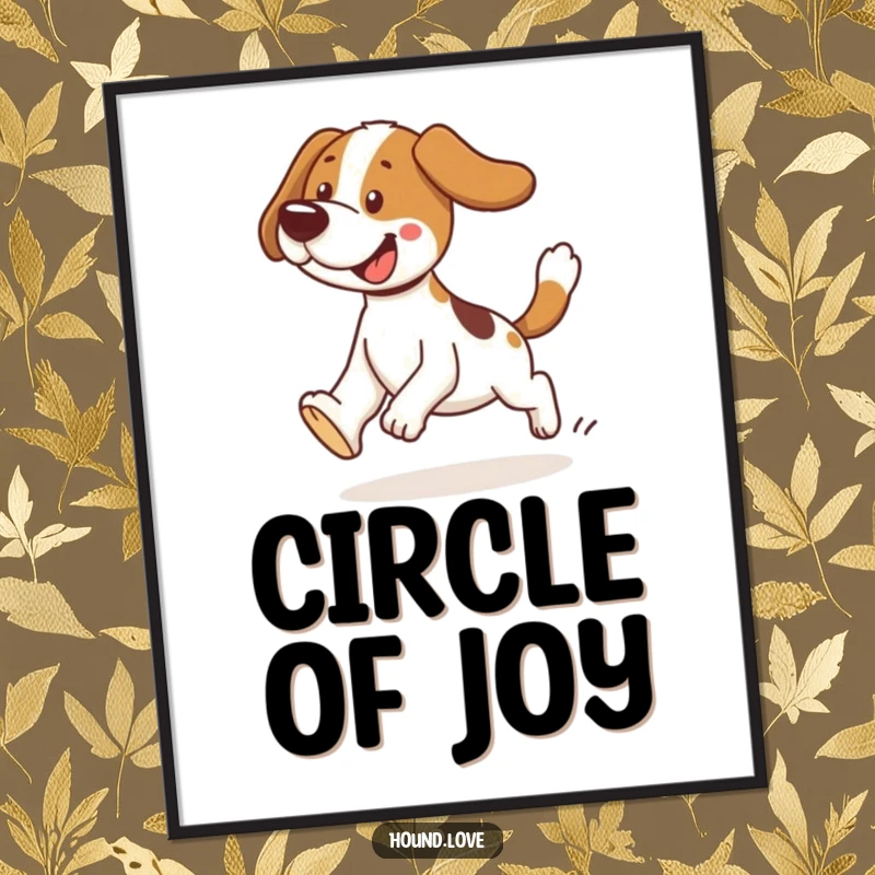 Funny tripping hound digital art print of a dog comically tripping while chasing its tail. Instant humorous wall decor.