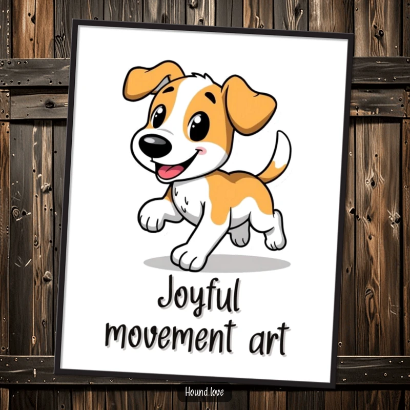 Funny digital art print of a happy hound dog in a comical trot, wagging tail, high-resolution download, perfect funny gift for art lovers.