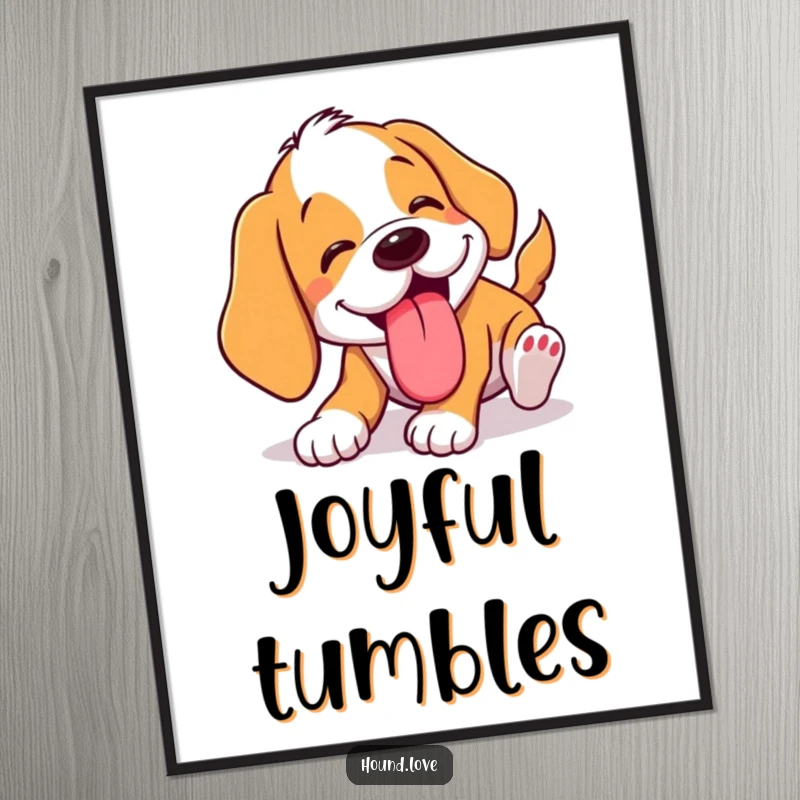 Funny tumbling hound digital art print of a dog comically tumbling with its tongue lolling out. Instant humorous wall decor.
