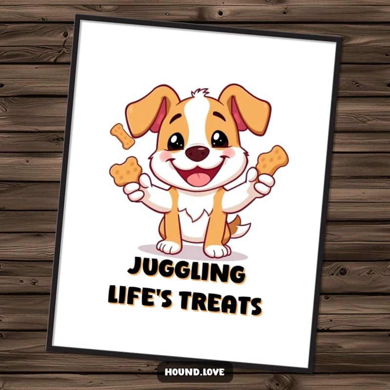 Funny digital art of a dog with a grin juggling oversized dog biscuits, perfect for instant humorous decor.