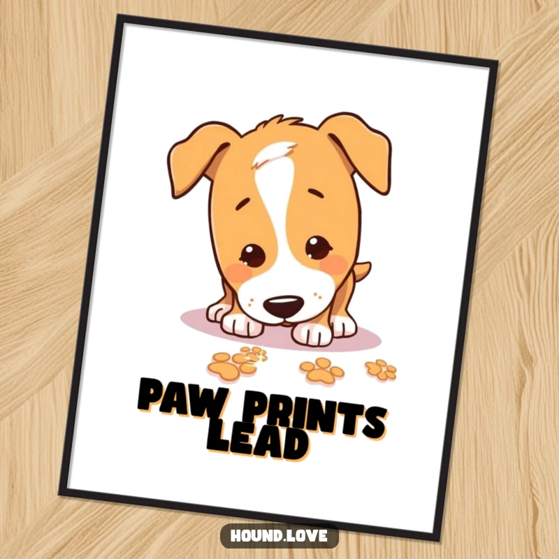 Funny Digital Art Print of a playful hound dog joyfully sniffing the ground, following a trail of sparkling paw prints.