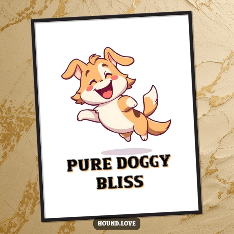 Funny digital art print of a gleeful hound character spinning with immense delight and a furiously wagging tail, ready to print.