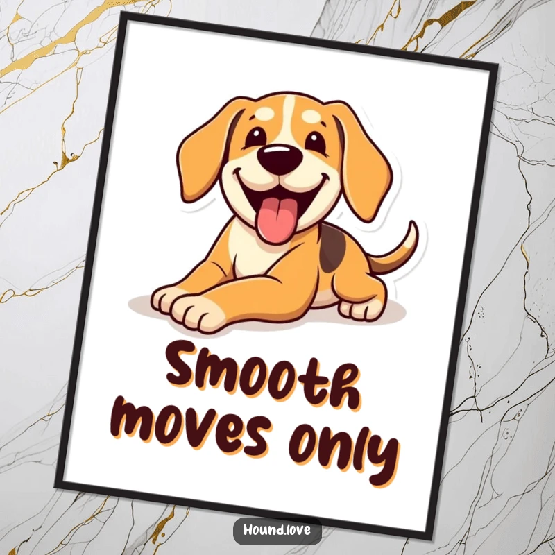 Funny Digital Art Print of a hound dog gleefully sliding, capturing a moment of pure, uninhibited canine fun.