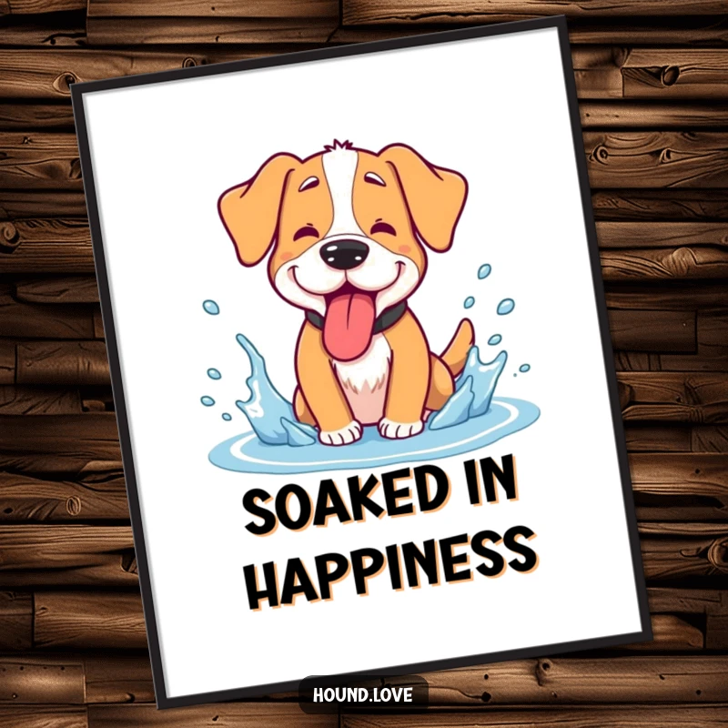 Funny hound digital art print, a goofy dog panting with its tongue lolling, enjoying a cool water splash, humorous and lively.
