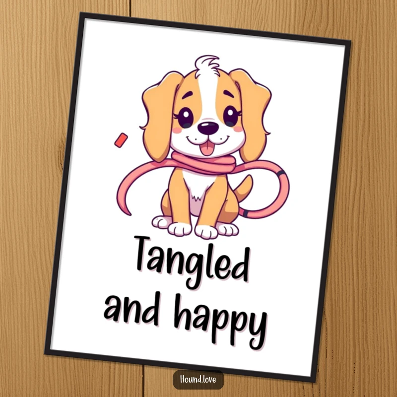 Funny hound character playfully tangled in a flowing ribbon, captured with humor in this digital art print.