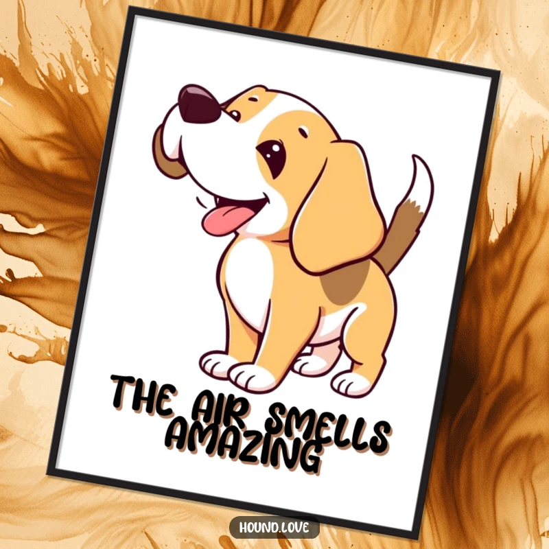 Funny Hound Digital Art Print: Joyful hound sniffing the air, a humorous and charming piece of dog-themed art.