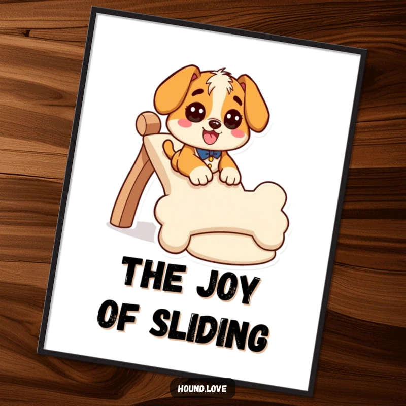 Funny hound digital art print of a giddy dog character sliding down a massive bone-shaped slide, offering instant decor.