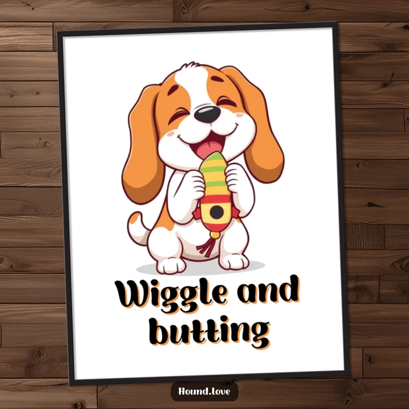 Funny hound character joyfully butting a dangling, wiggling toy, captured with pure playfulness in this digital art print.