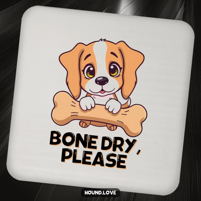 Funny Coaster: A hound dog with innocent eyes humorously guarding a giant bone, protecting tabletops with canine charm.