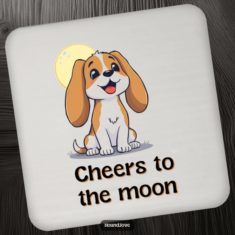 Funny hound with long, floppy ears, joyfully baying at the moon, on a drink coaster, adding humor and canine charm to surfaces.