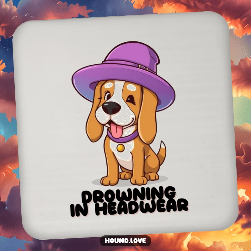 Funny Coaster: A dog character comically trying to wear an oversized hat, a funny and practical item for any surface.