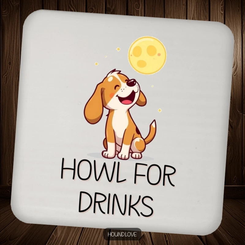 Funny Drink Coaster with a joyful hound character baying at a playful, bouncing moon, adding whimsical decor.