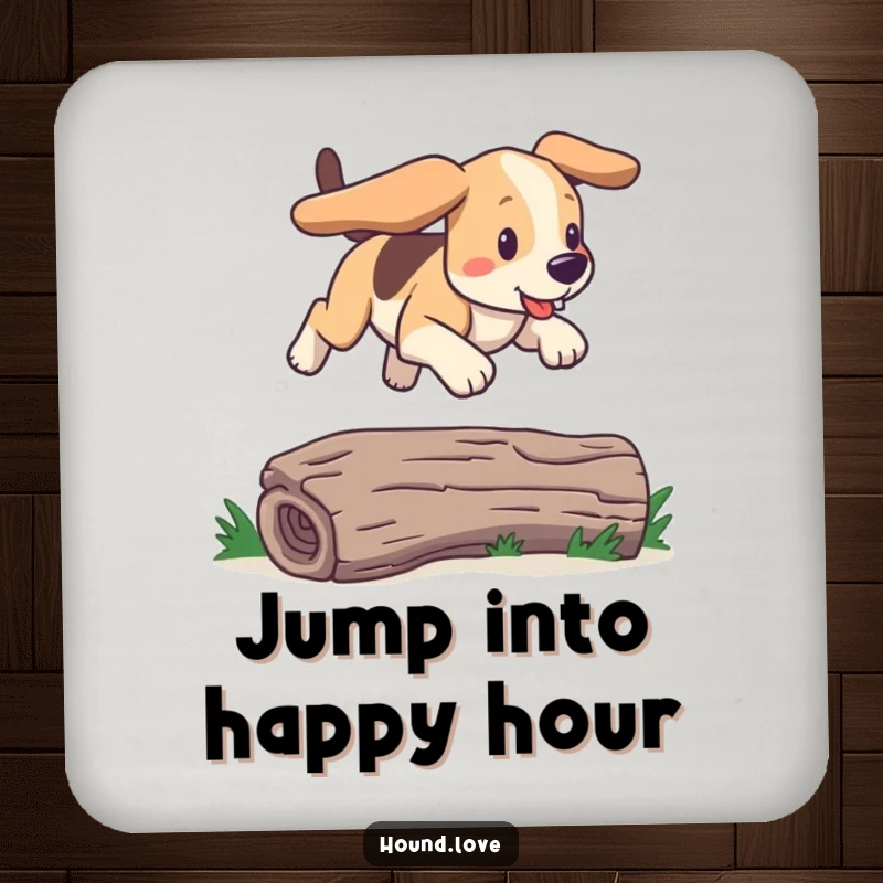 Funny bounding hound drink coaster showing a dog joyfully leaping over a log. A humorous and protective gift.