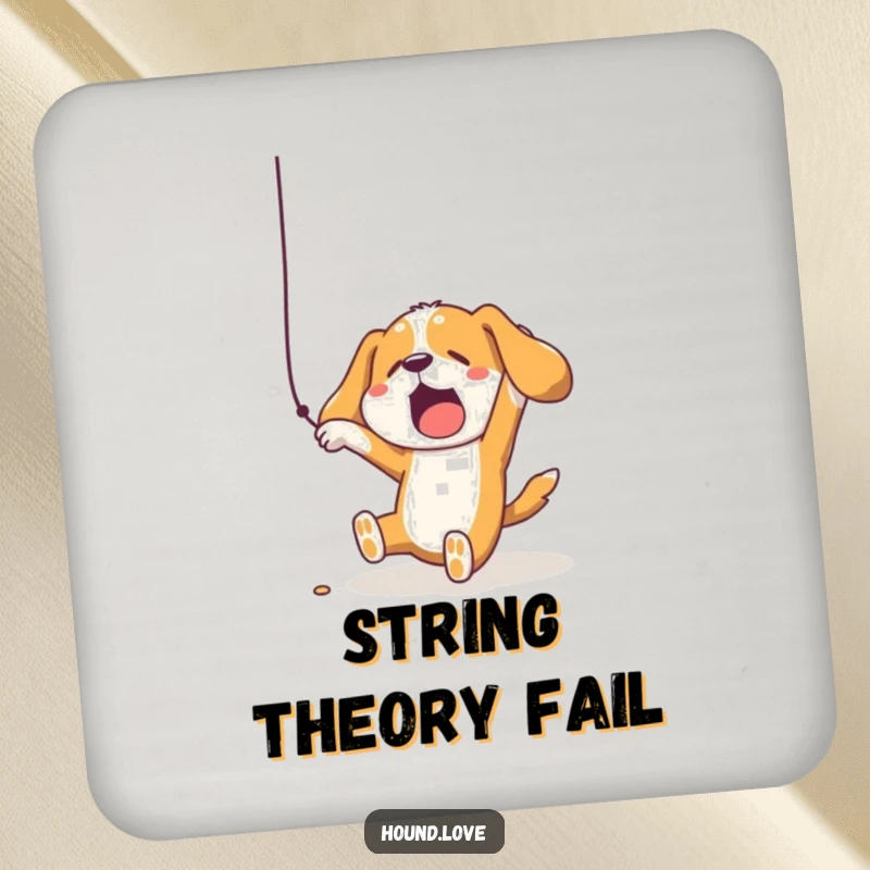 Protective drink coaster featuring a funny hound dog comically falling while reaching for a dangling string, adding humor to tabletops.