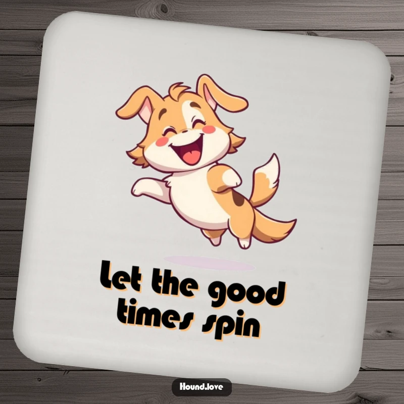 Funny drink coaster with a gleeful hound character spinning joyfully with its tail wagging furiously, protecting surfaces humorously.