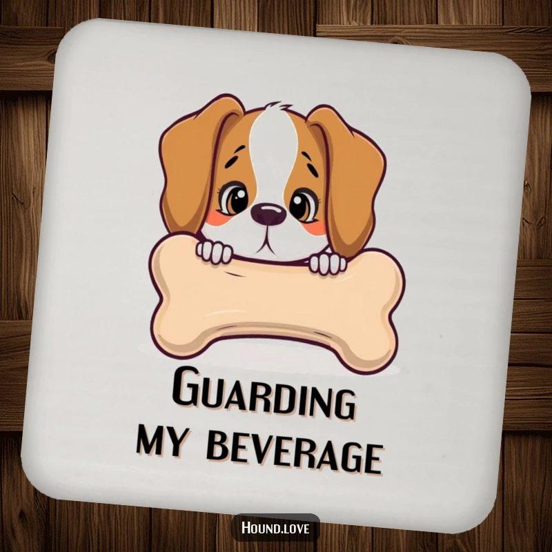 Funny hound peeking with curiosity from behind a giant, talking bone, on a drink coaster, adding humor and canine charm to surfaces.