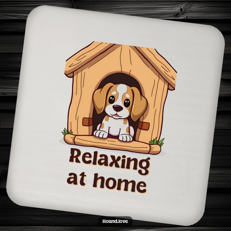 Funny Drink Coaster: Hound character peeks curiously from a huge dog house, protecting surfaces with fun.