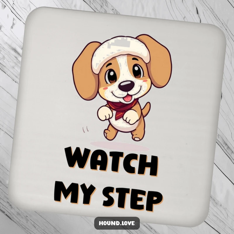Funny drink coaster with a playful hound character tripping adorably while wearing oversized, floppy ear muffs, protecting surfaces humorously.