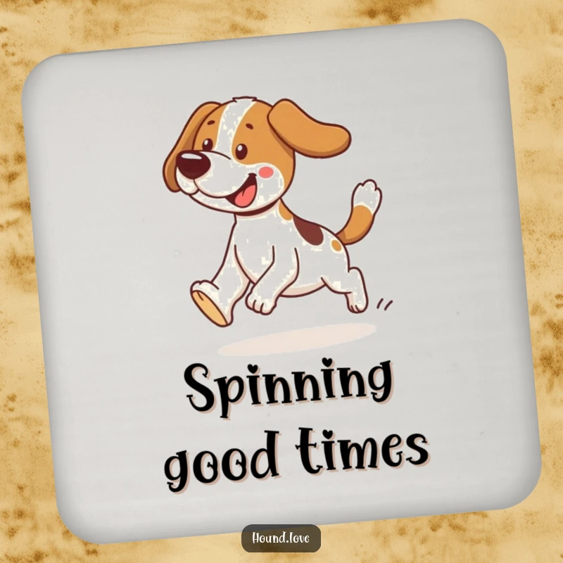 Funny tripping hound drink coaster showing a dog hilariously tripping while chasing its tail. A humorous and protective gift.