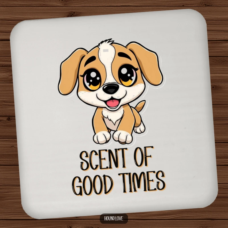 Funny Coaster: A hound dog with oversized, sparkling eyes leaps excitedly towards a scent, protecting surfaces.