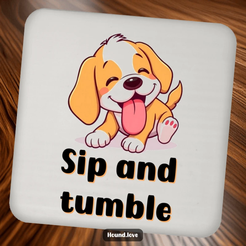 Funny tumbling hound drink coaster showing a dog comically tumbling with its tongue lolling out. A humorous and protective gift.