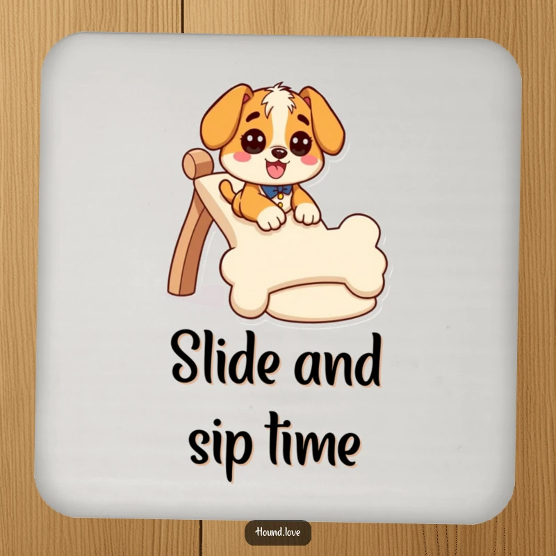 Funny hound coaster featuring a giddy dog character sliding down a wiggly, bone-shaped slide, offering humorous protection.