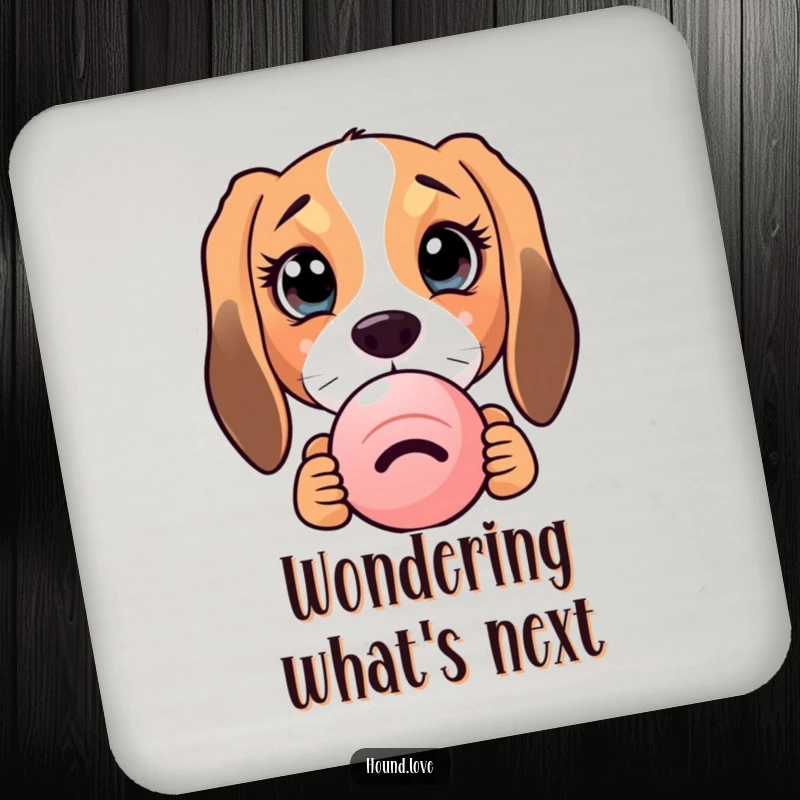 Protective drink coaster featuring a funny hound dog with enormous, curious eyes peeking from behind a squeaky toy, adding charm to tabletops.