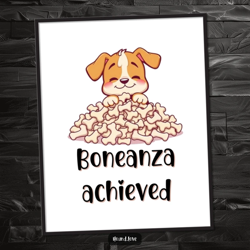 Funny hound poster of a happy dog character burying its nose in a comically large pile of bones, celebrating joy.
