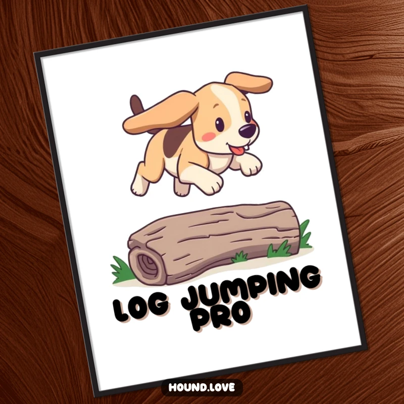 Funny bounding hound art print of a dog joyfully leaping over a log. Humorous wall decor and a delightful gift.