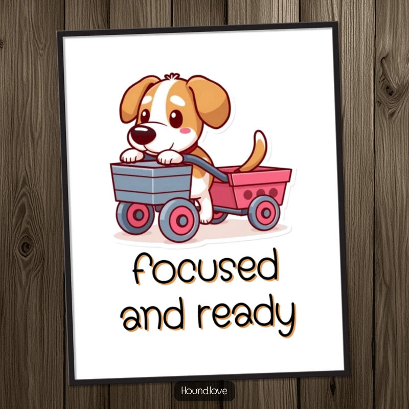 Funny poster art of a determined hound character pulling a toy cart, adding a touch of unwavering loyalty and humor.