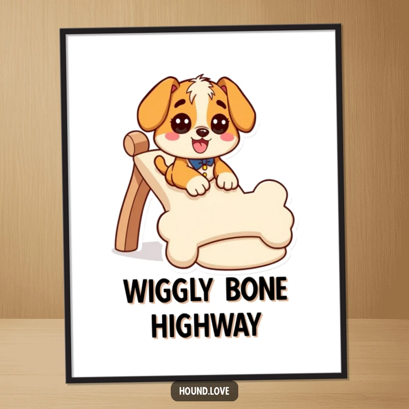 Funny hound poster of a giddy dog character sliding down a comically large, wiggly, bone-shaped slide, celebrating pure fun.