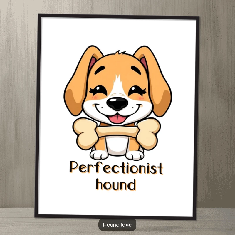 Funny poster of a hound with a goofy grin attempting to balance a bone on its nose, capturing playful canine antics.