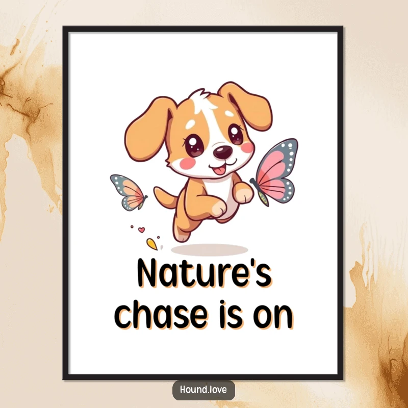 Funny poster illustration of a happy hound character with sparkling eyes intently chasing a beautiful butterfly with large, shimmering, colorful wings.