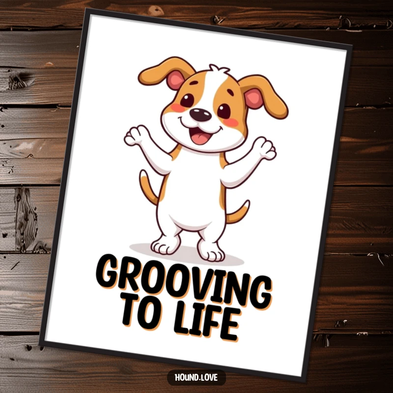 Vibrant poster art of a funny hound dog doing a full-body wiggle dance, radiating pure, unadulterated canine joy.