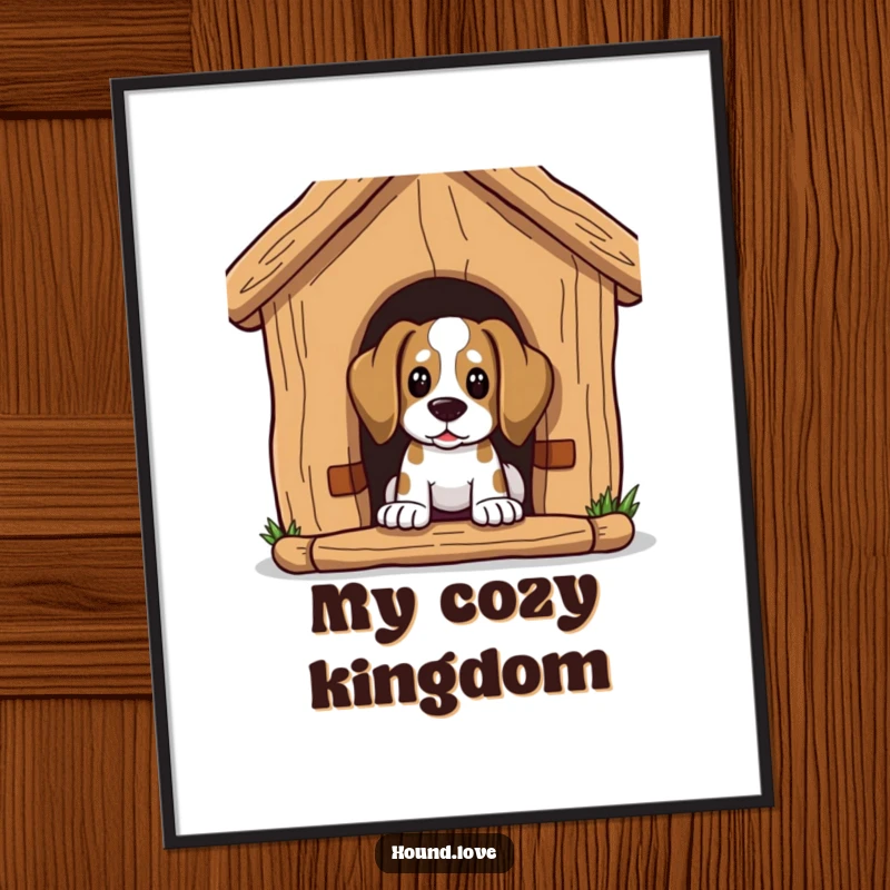 Funny Poster: A hound character peeks curiously from the entrance of an enormous dog house, full of wonder.