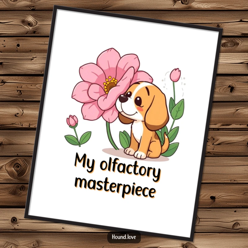 Funny Poster: A relaxed hound with eyes closed, happily sniffing a giant flower, conveying a peaceful and funny moment of sensory pleasure.