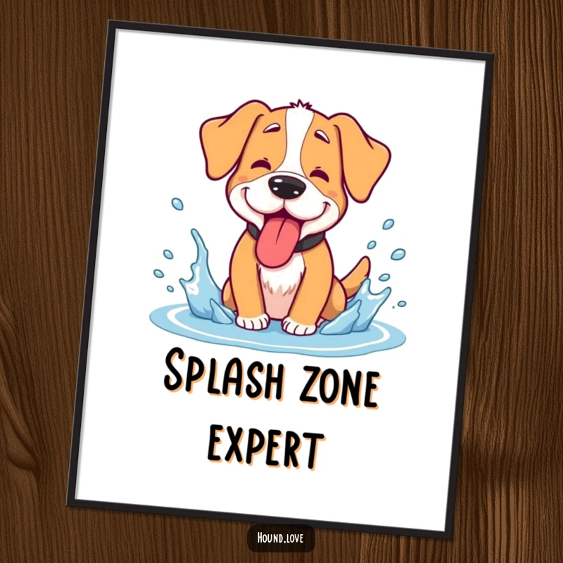 Funny hound poster, a goofy dog panting with tongue out, enjoying a cool water splash, vibrant and humorous art.