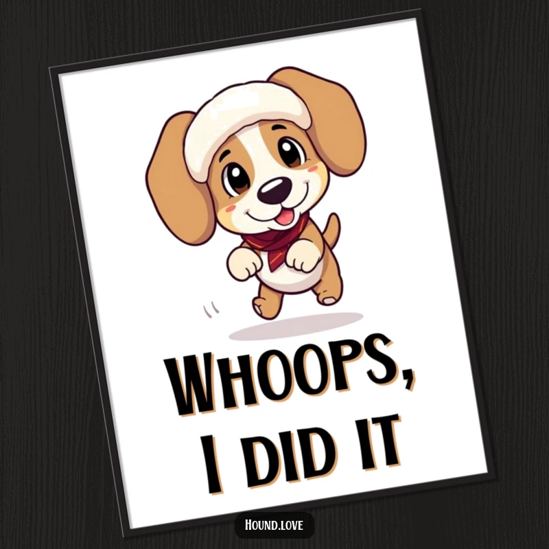 Funny poster featuring a clumsy hound character tripping spectacularly while wearing giant, floppy ear muffs, perfect wall art.