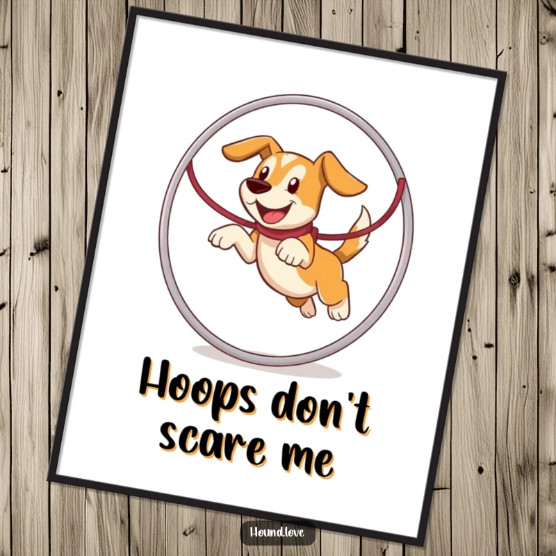 Funny hound character captured mid-leap through a giant leash hoop, conveying pure joy and humor on this poster.