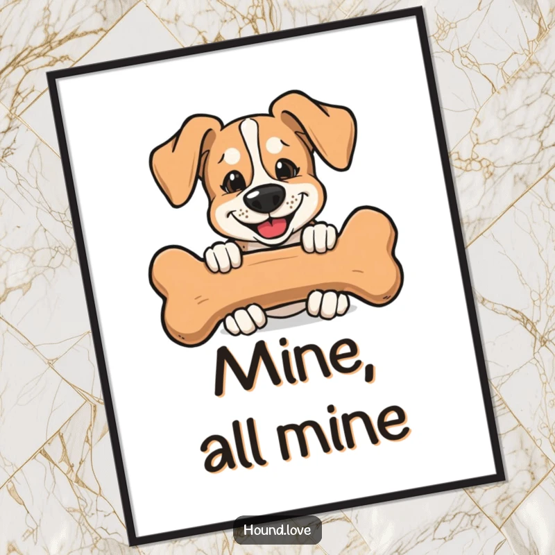 Funny Poster displaying a hound with a mischievous grin, peeking over a giant tasty bone, a comical scene.