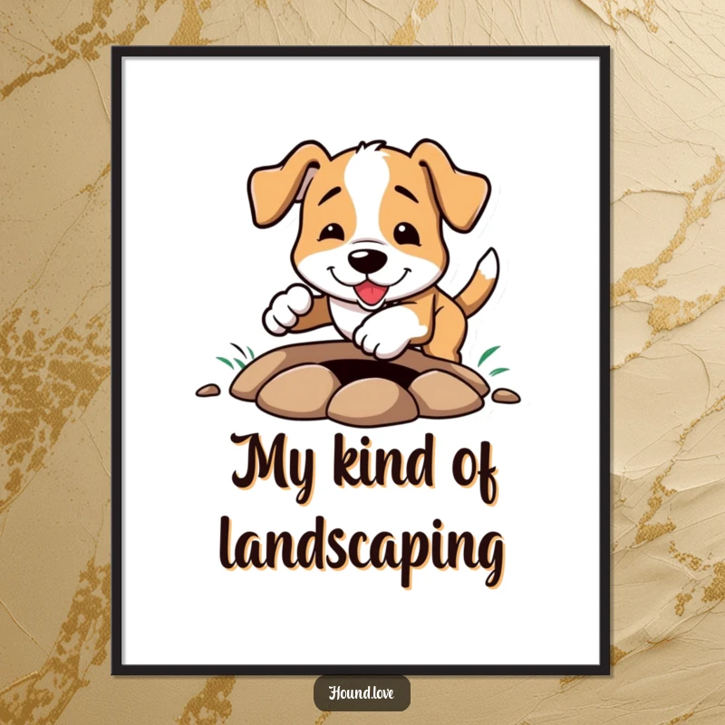 Funny Poster: A joyful hound digging enthusiastically in the ground, dirt spraying outwards, capturing a moment of pure, funny canine excavation bliss.