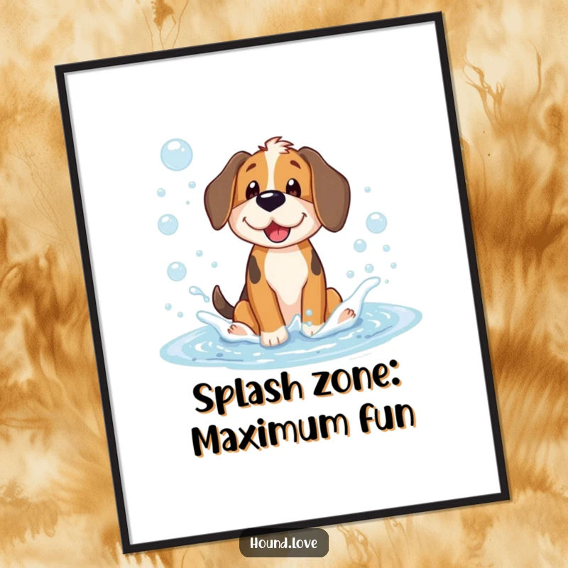 Funny poster illustration of a happy, energetic hound dog character joyfully splashing around in a puddle full of delightful, iridescent soap bubbles.